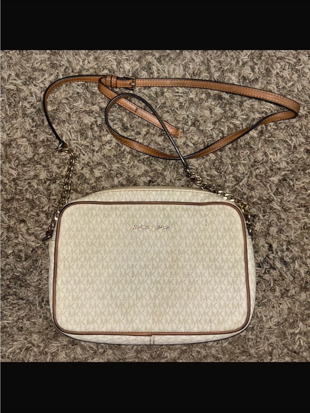 Michael Kors Cream Monogram Crossbody with Tan Trim